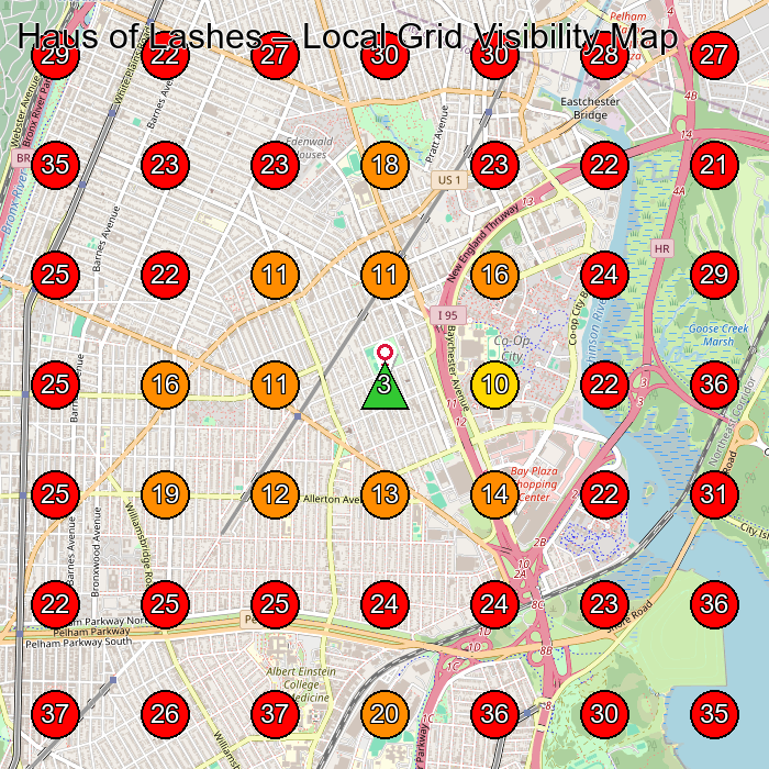 Haus of Lashes GeoGrid visibility map for Eyelash Salon in Larchmont